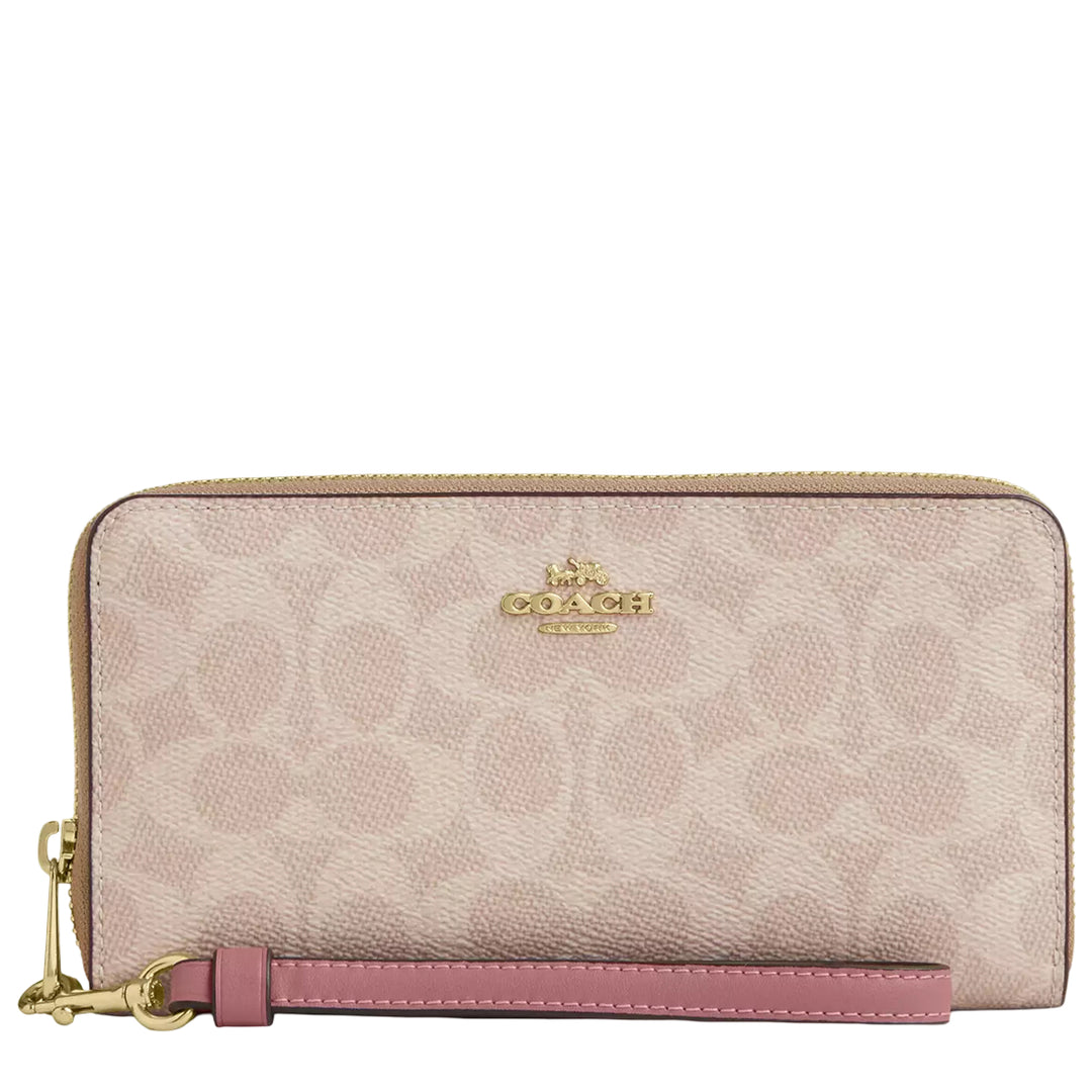 Coach Long Zip Around Wallet In Signature Canvas - Sand/ Peony