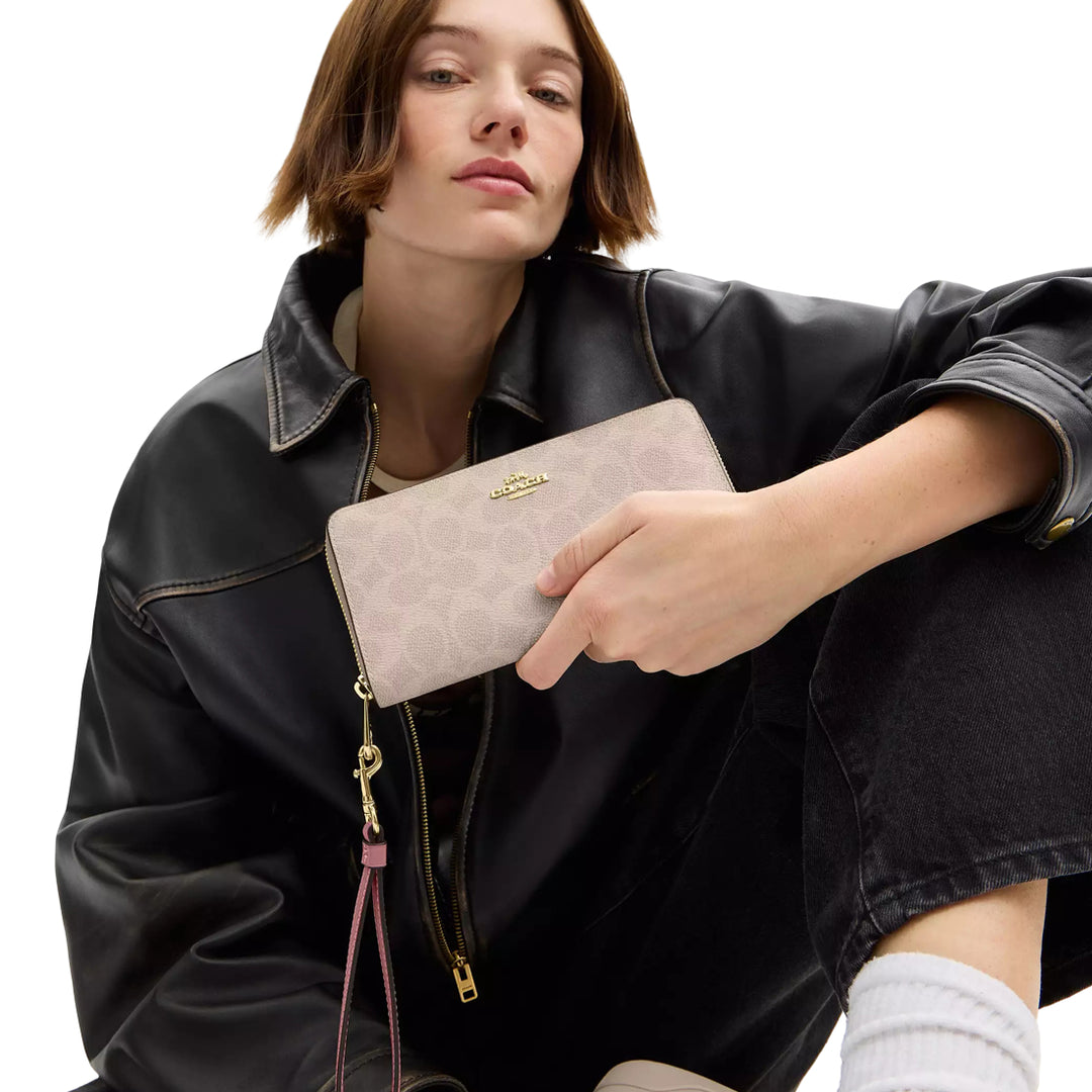Coach Long Zip Around Wallet In Signature Canvas - Sand/ Peony