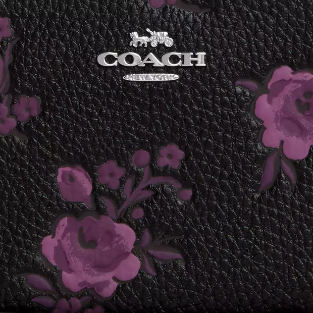 Closeup of Coach Long Zip Around Wallet With Floral Print - Black/ Purple CCL36