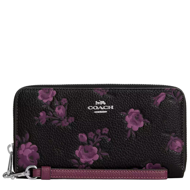 Front View of Coach Long Zip Around Wallet With Floral Print - Black/ Purple CCL36