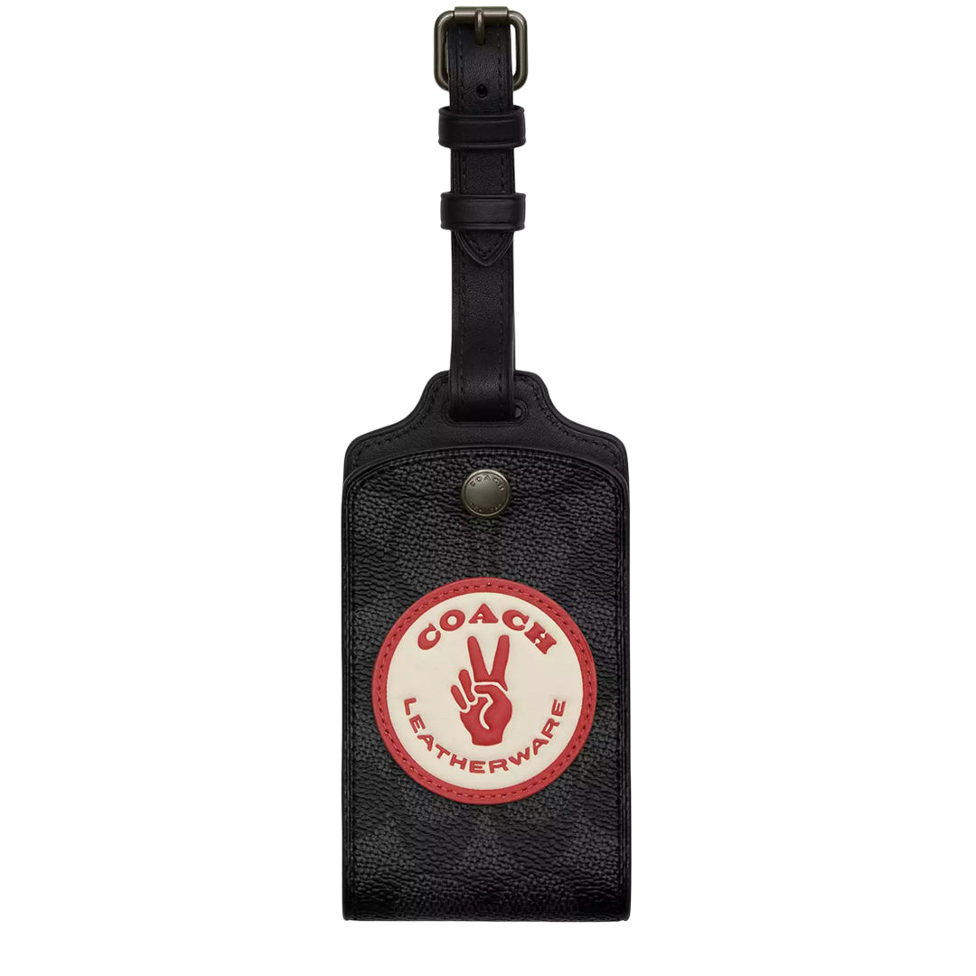 Coach Luggage Tag In Signature Canvas With Patches - Charcoal