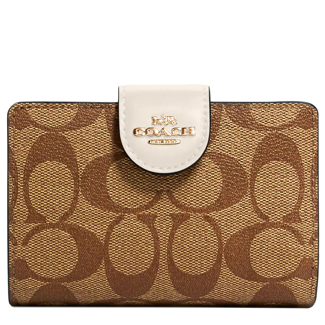 Coach Medium Corner Zip Wallet in Signature Canvas in Khaki/ Chalk