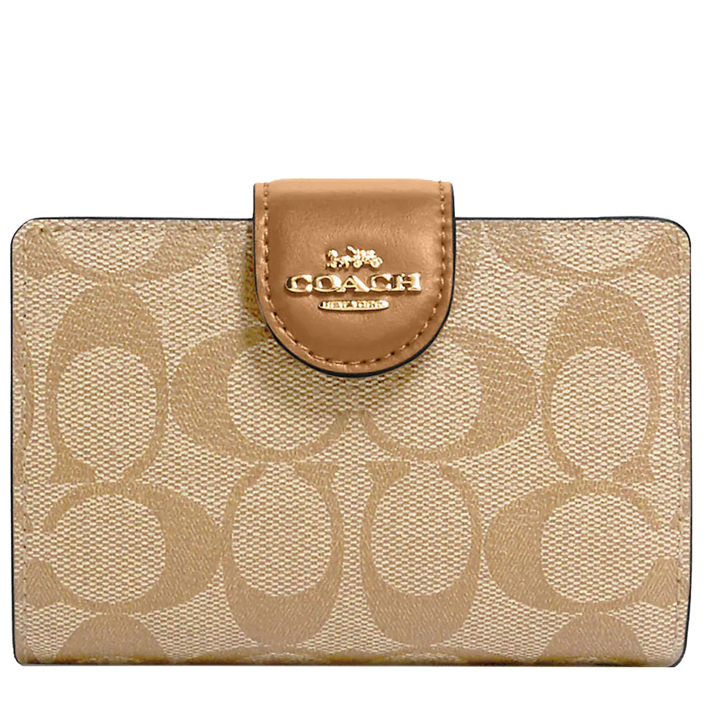 Coach Signature Medium Corner Zip Wallet in Coated Canvas Light Khaki Confetti Pink