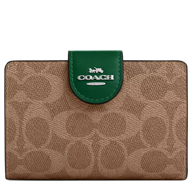 Front View of Coach Medium Corner Zip Wallet In Signature Canvas - Tan/ Shamrock CW786