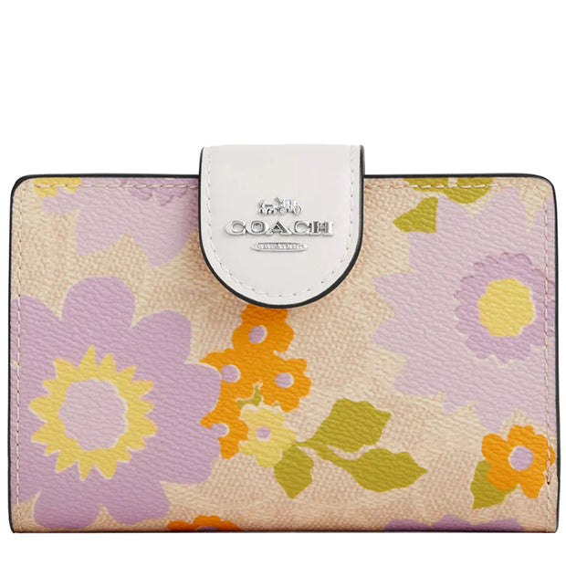 Front View of Coach Medium Corner Zip Wallet In Signature Canvas With Floral Print - Sand Multi CBO30