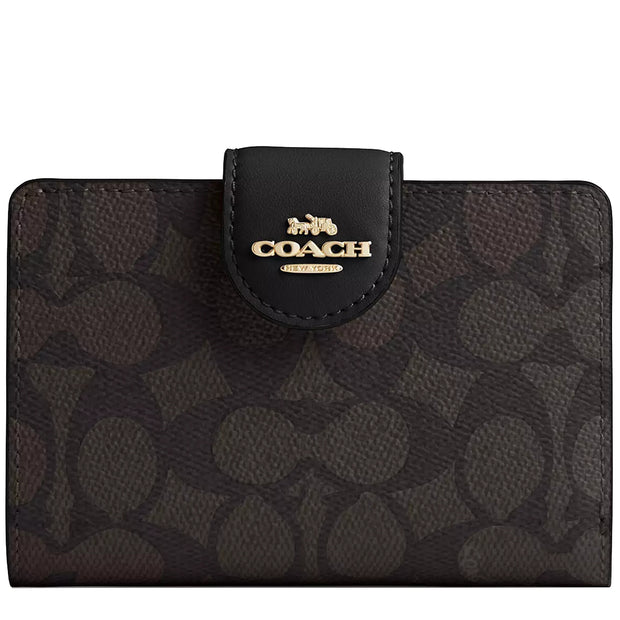 Front View of Coach Medium Corner Zip Wallet In Signature Canvas in Walnut/ Black CW786