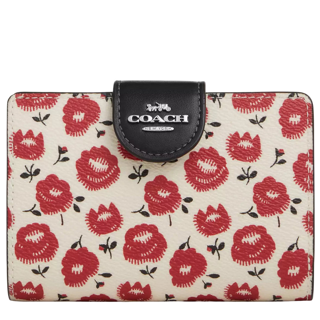 Coach Medium Corner Zip Wallet With Floral Print - Chalk/ Black