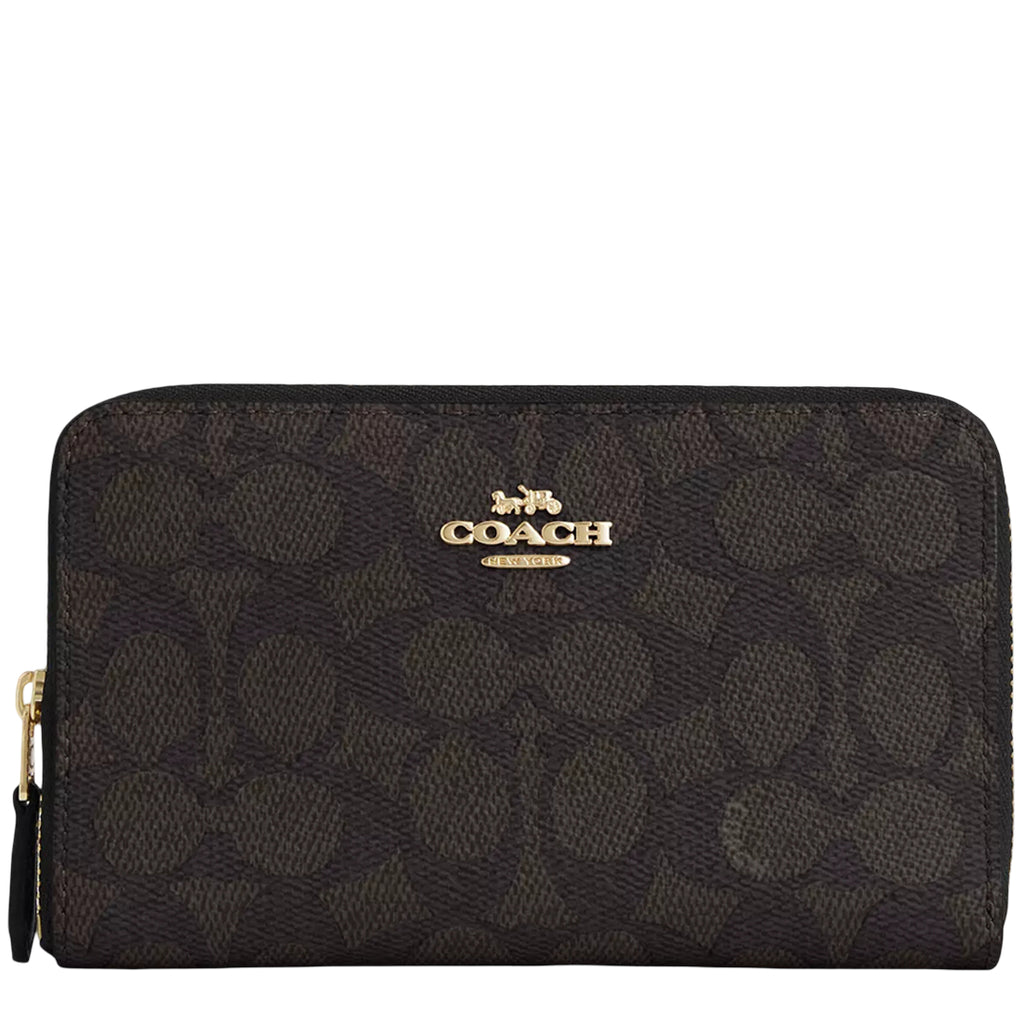 Coach Medium Id Zip Wallet In Signature Canvas - Walnut/ Black