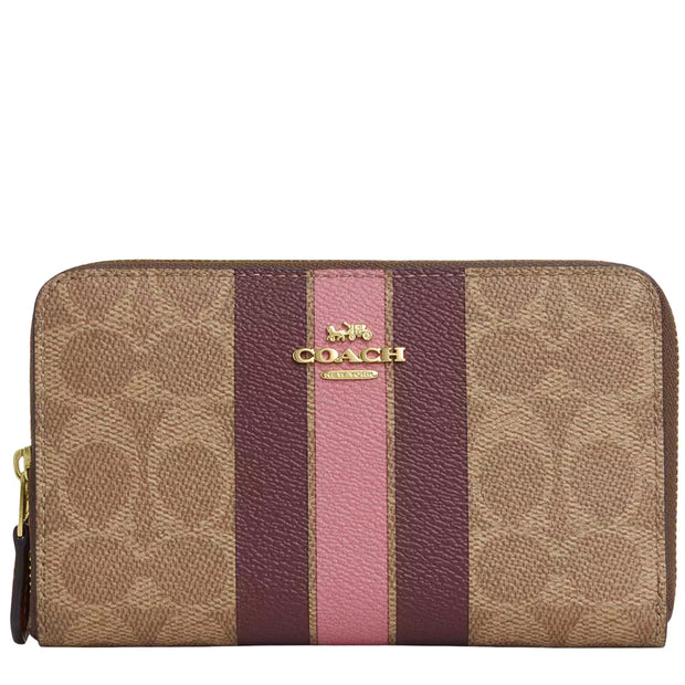 Front View of Coach Medium Id Zip Wallet In Signature Canvas With Varsity Stripe - Tan Multi CBO79