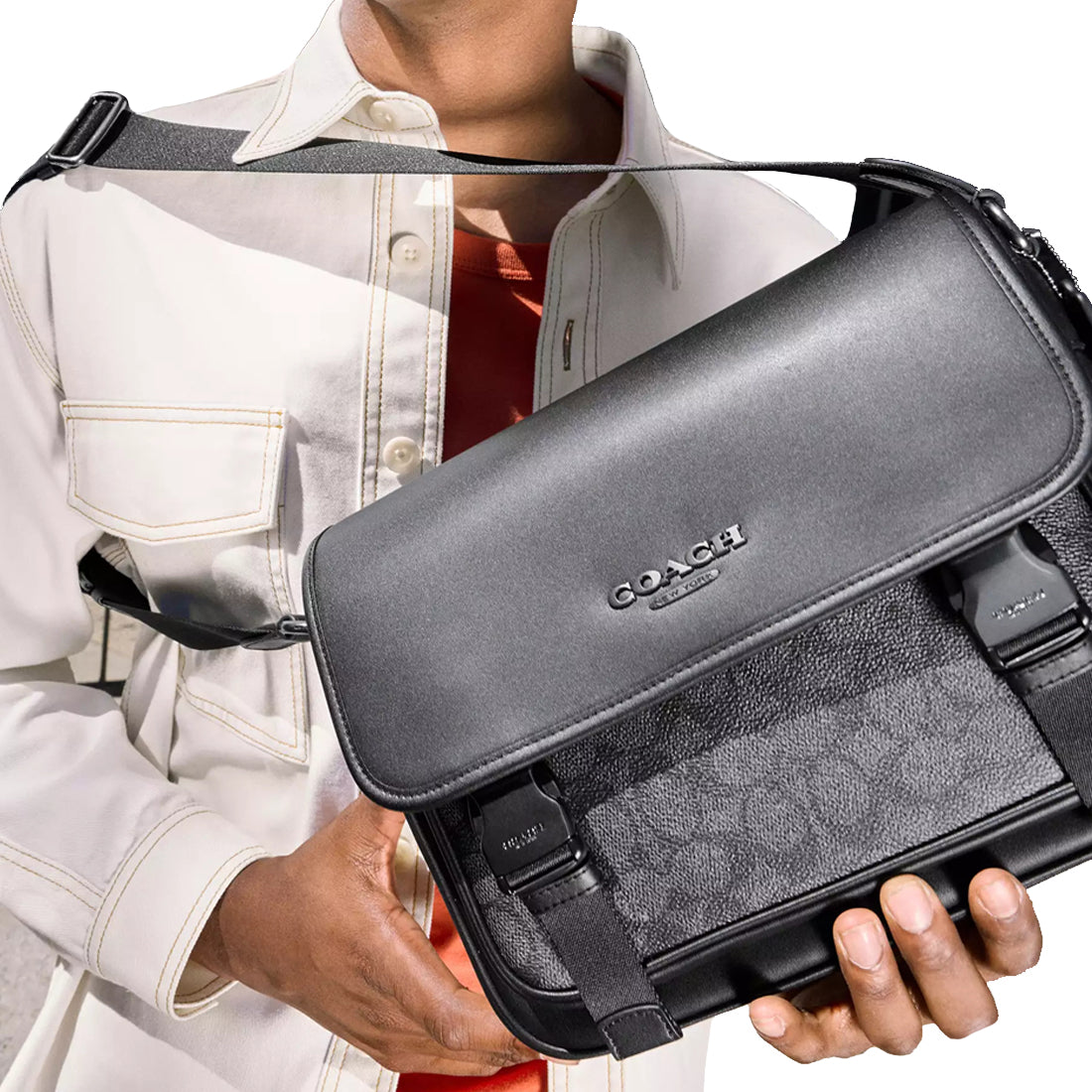 Buy Coach Racer Messenger Bag In Signature Canvas in Charcoal/ Black ...