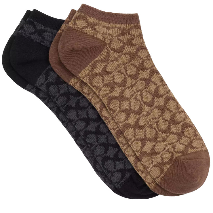 Front View of Coach Signature Ankle Socks- Khaki/ Black CK702