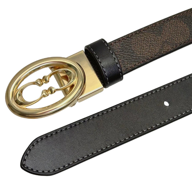 Closeup of Coach Signature Buckle Cut To Size Belt, 25Mm - Walnut/ Black CZ196
