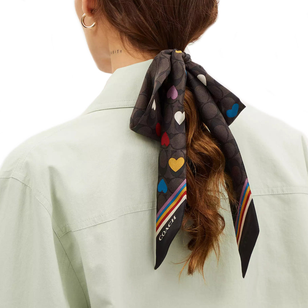 Coach Signature Love Print Silk Skinny Scarf in Chestnut Multi CP349