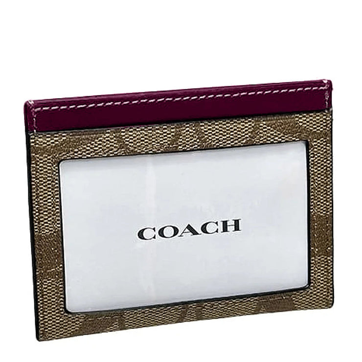 Coach Slim Id Card Case In Signature Canvas in Khaki/ Deep Berry CH415