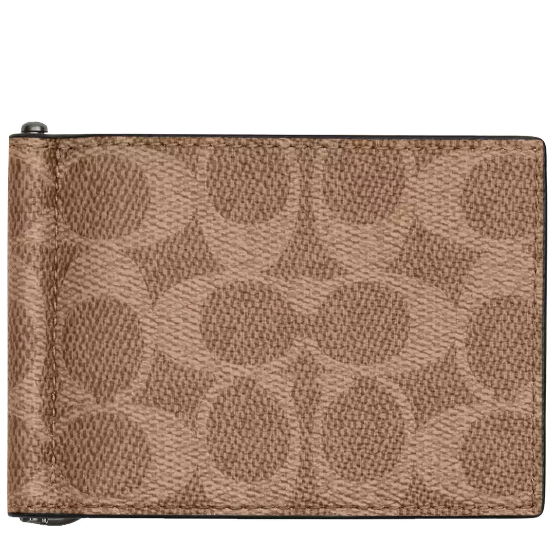 Coach Slim Money Clip Billfold Wallet In Signature Canvas in Tan/ Black  CY059