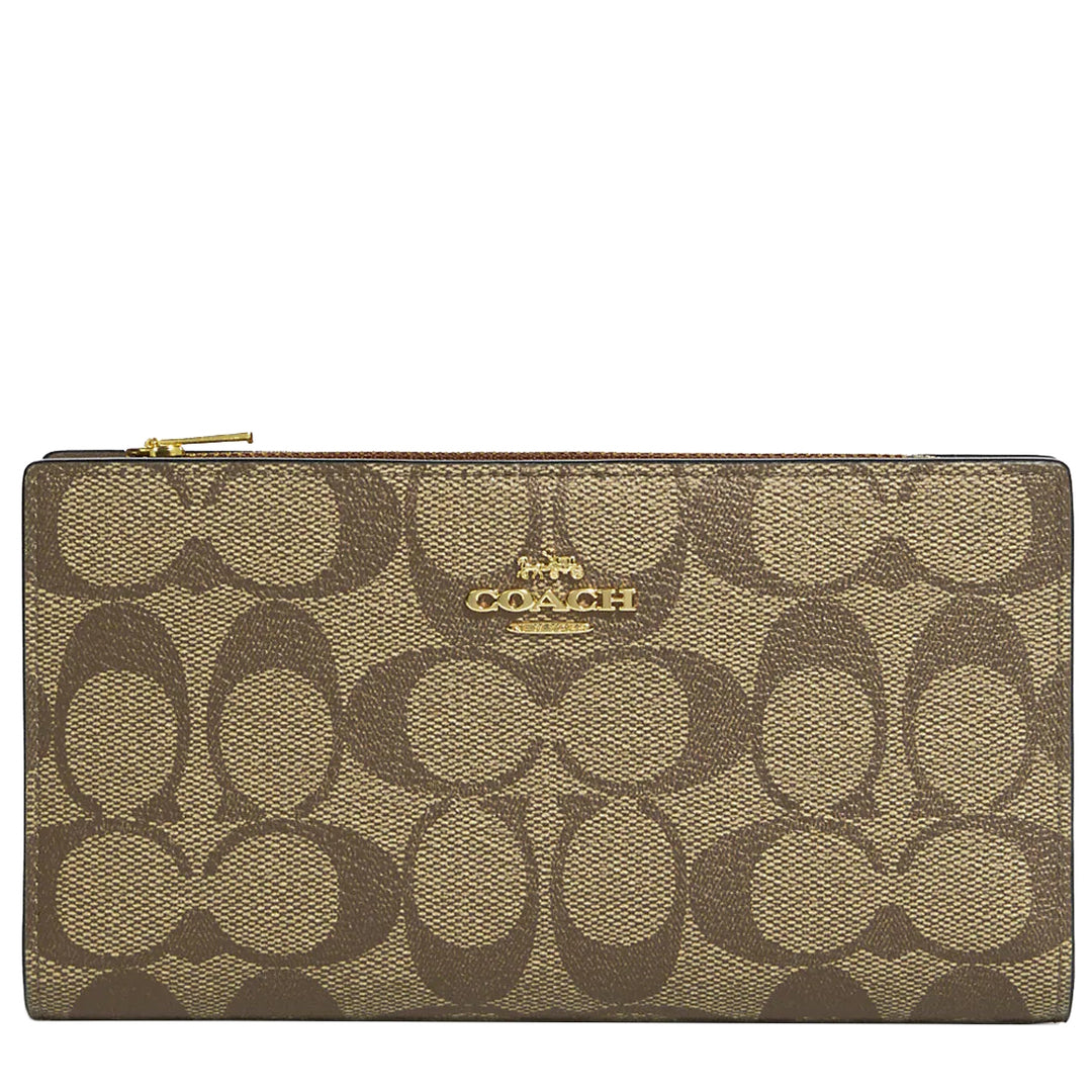 Buy Coach Slim Zip Wallet In Signature Canvas in Khaki/ Saddle 2 