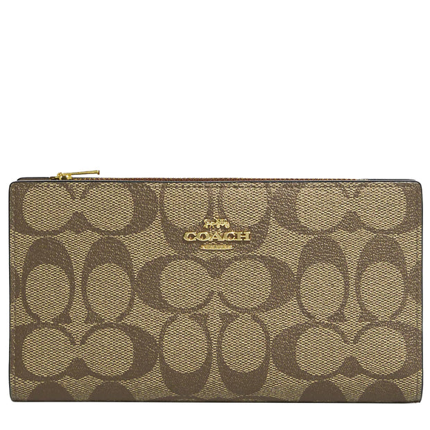 Buy Coach Slim Zip Wallet In Signature Canvas in Khaki/ Saddle 2 C8714 Online in Singapore |