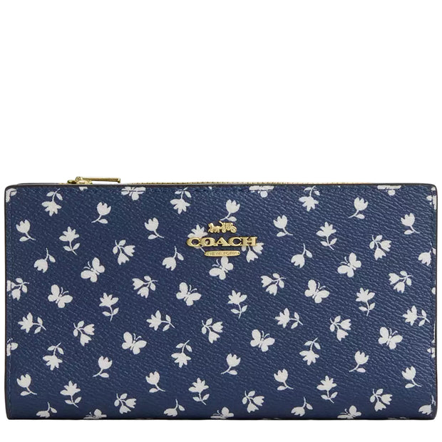 Front View of Coach Slim Zip Wallet With Floral Print - Deep Blue Multi CBO24