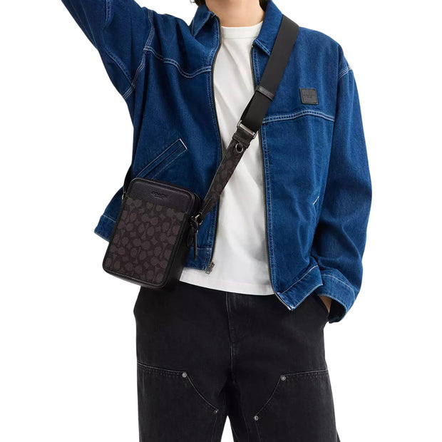 Model Wearing Coach Sullivan Crossbody Bag In Signature Canvas - Walnut/ Black CAT78