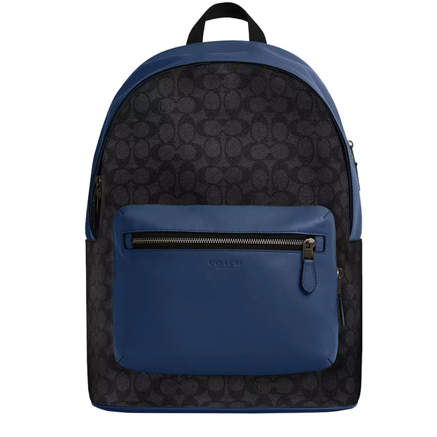 Front View of Coach West Backpack Bag In Colorblock Signature Canvas - Charcoal/ Deep Blue CAX44