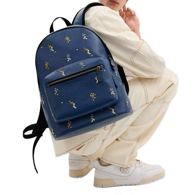 Model Carrying Coach West Backpack Bag With Baseball Print - Deep Blue Multi CAX47
