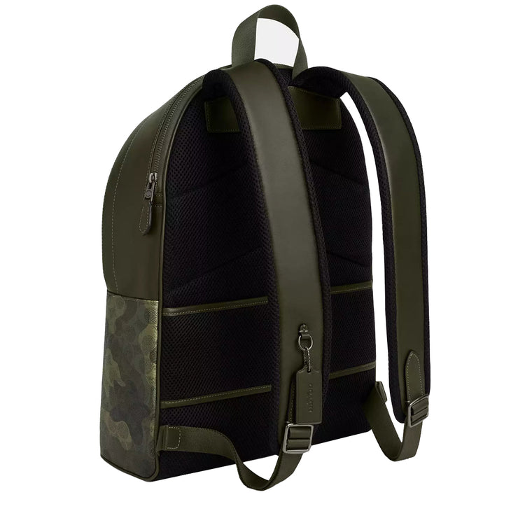 coach camouflage backpack men green multi Outlet West In Signature Camo Print Signature coated canvas and smooth calf leather Inside zip cell phone and multifunction pockets Inside tech sleeve Drawstring and speedclip closures fabric lining Top handle with 2 1/4 drop Outside zip and slip pockets Outside zip access to interior Adjustable shoulder straps 10 1/2 (L) x 16 1/2 (H) x 6 (W) Style No. Buy Coach West Backpack Bag