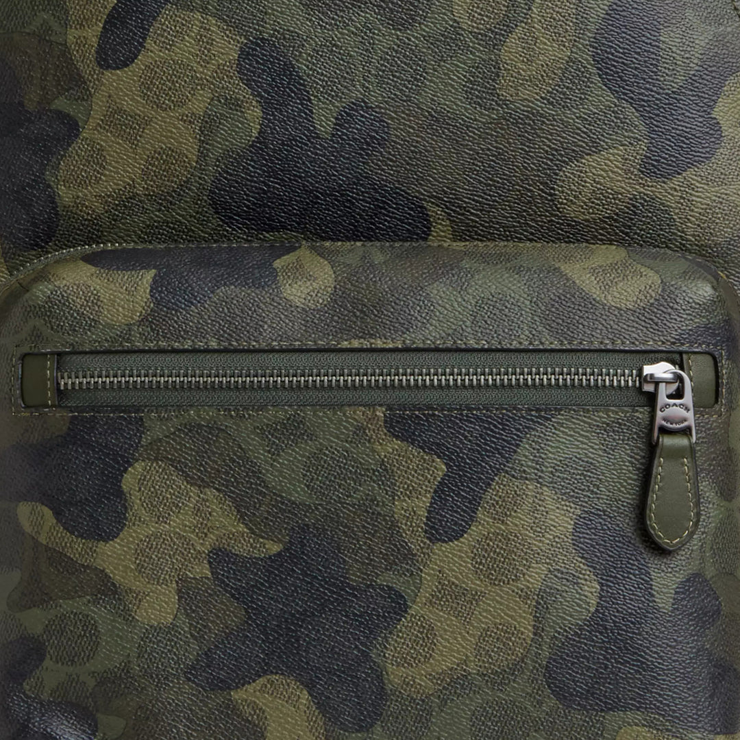coach camouflage backpack men green multi Track Pack In Signature Canvas With Camo Print RS-CL Robinsons Singapore Signature coated canvas and smooth calf leather Inside zip cell phone and multifunction pockets Inside tech sleeve Drawstring and speedclip closures fabric lining Top handle with 2 1/4 drop Outside zip and slip pockets Outside zip access to interior Adjustable shoulder straps 10 1/2 (L) x 16 1/2 (H) x 6 (W) Style No. Coach League Flap Backpack in