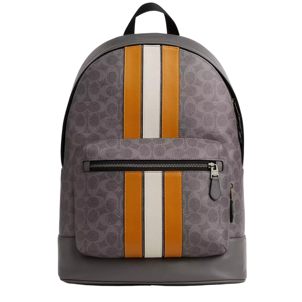 Front View of Coach West Backpack Bag In Signature Canvas With Varsity Stripe - Grey/ Ochre/ Chalk CV922