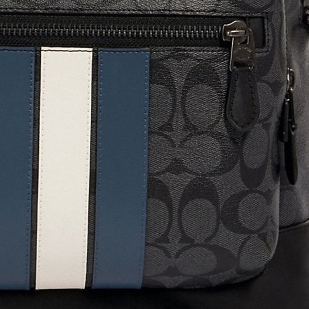 Coach West Backpack Bag In Signature Canvas With Varsity Stripe in Charcoal/ Denim/ Chalk 3001