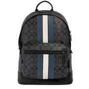 Coach West Backpack Bag In Signature Canvas With Varsity Stripe in Charcoal/ Denim/ Chalk 3001