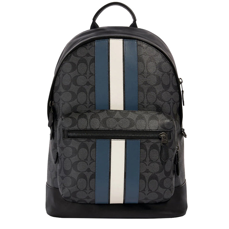 Coach West Backpack Bag In Signature Canvas With Varsity Stripe in Charcoal/ Denim/ Chalk 3001