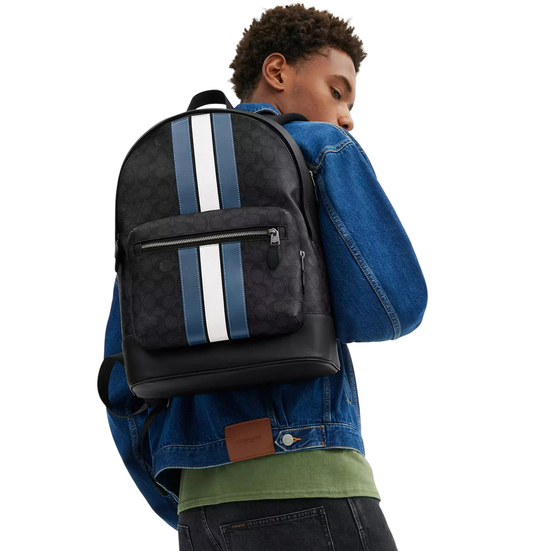 coach backpack varsity stripe Coach West Backpack Bag In Signature Canvas With Varsity Stripe CV922 – PinkOrchard.com