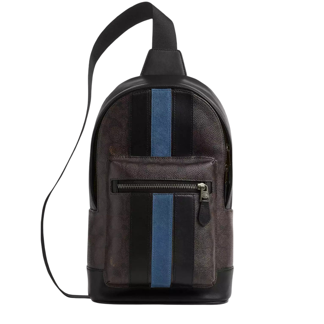 coach backpack with blue white stripe Coach West Pack Bag In Signature Canvas With Varsity Stripe Bag CV923 – PinkOrchard.com
