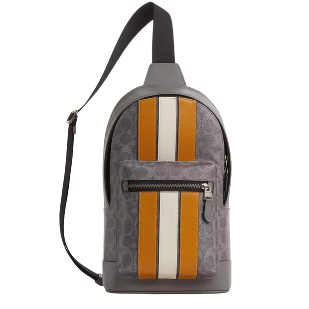 Front View of Coach West Pack Bag In Signature Canvas With Varsity Stripe Bag - Grey/ Ochre/ Chalk CV923