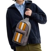 Model Wearing Coach West Pack Bag In Signature Canvas With Varsity Stripe Bag - Grey/ Ochre/ Chalk CV923