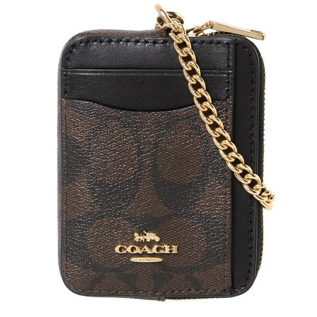Coach Zip Card Case In Signature Canvas in Brown/ Black C0058