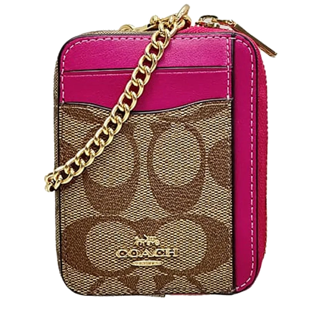 Buy Coach Zip Card Case In Signature Canvas in Khaki/ Cerise C0058