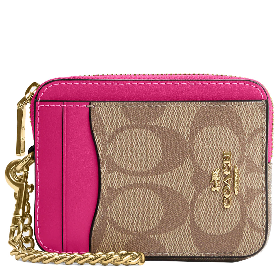 Buy Coach Zip Card Case In Signature Canvas in Khaki/ Cerise C0058