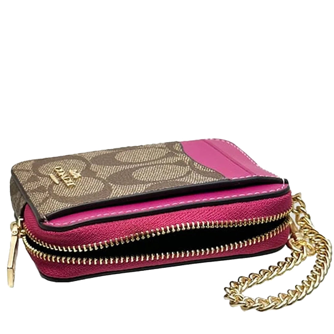 Buy Coach Zip Card Case In Signature Canvas in Khaki/ Cerise C0058