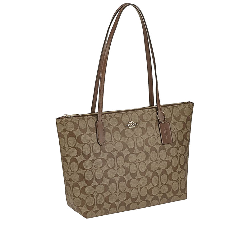 Coach Zip Top Tote Bag In Signature Canvas in Khaki/ Saddle 2 4455