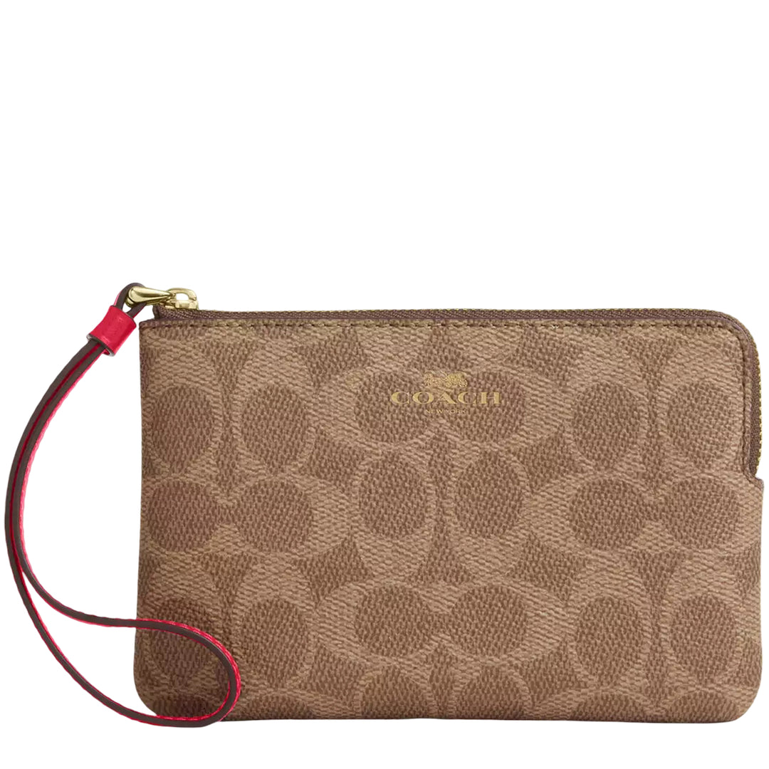 CO＆co Coach Corner Zip Wristlet In Signature Canvas - Tan/ Carnation