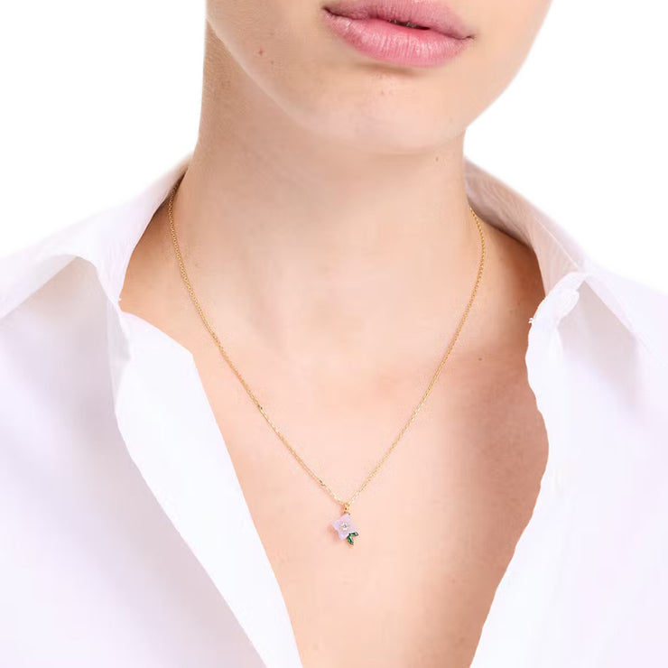 Female Model Wearing Kate Spade Bursting Blooms Pendant Necklace in Blue Multi KK488