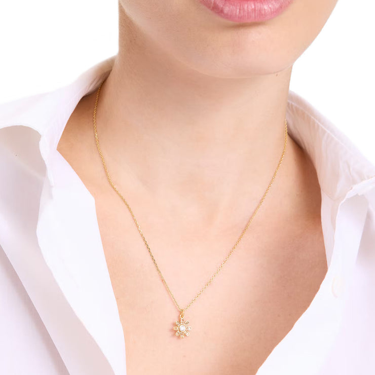 Female Model Wearing Kate Spade Bursting Blooms Pendant Necklace in Yellow Gold KK484