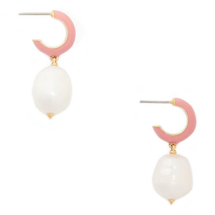 Side View of Kate Spade Candy Drops Enamel Pearl Drop Hug Earrings - Coral o0r00270