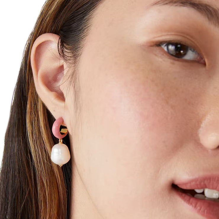Model Wearing Kate Spade Candy Drops Enamel Pearl Drop Hug Earrings - Coral o0r00270