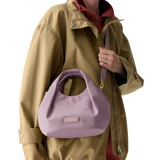 Model Wearing Kate Spade Carter Nylon Small Pleated Crossbody Bag - Lavender Smoke KL965
