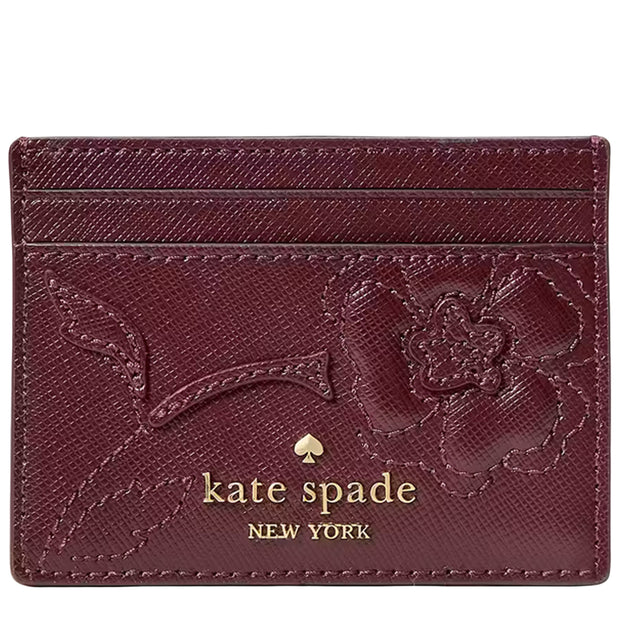 Front View of Kate Spade Madison Floral Applique Small Slim Card Holder - Dark Merlot KL871