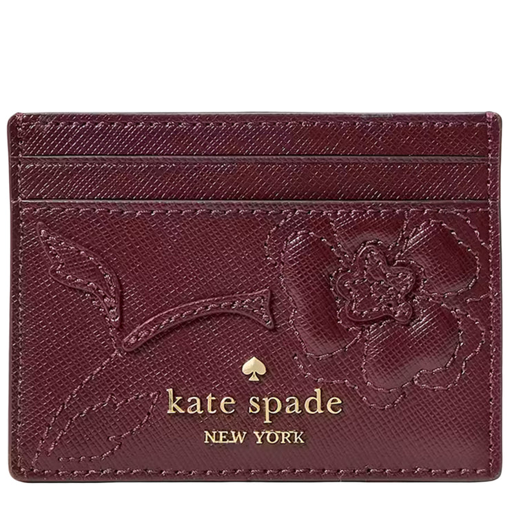 Front View of Kate Spade Madison Floral Applique Small Slim Card Holder - Dark Merlot KL871