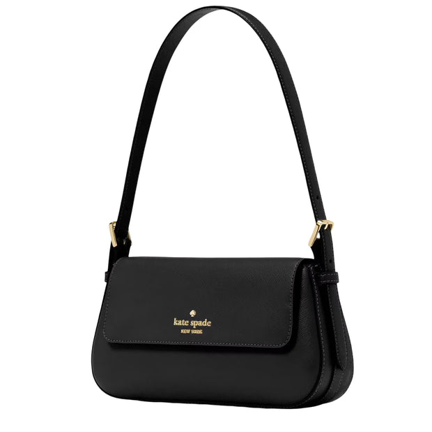 Side View of Kate Spade Madison Saffiano Leather Small Flap Shoulder Bag - Black KK952