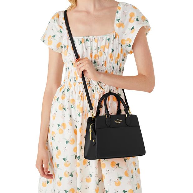 Model Wearing Kate Spade Madison Saffiano Leather Small Satchel Bag in Black kc437